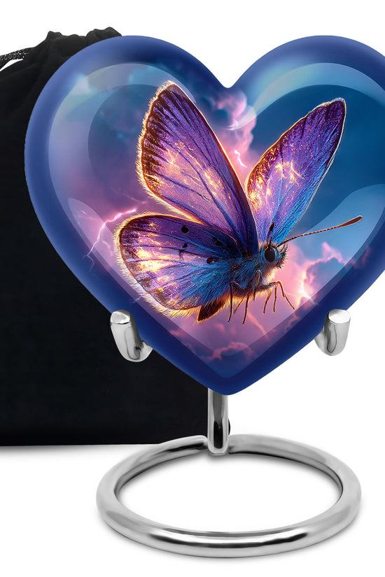 Royal Blue Butterfly Cremation Urn detail view - compassionate heart-butterfly combination with gentle curves - full-size 10 inch 200 cubic inch adult cremation urn