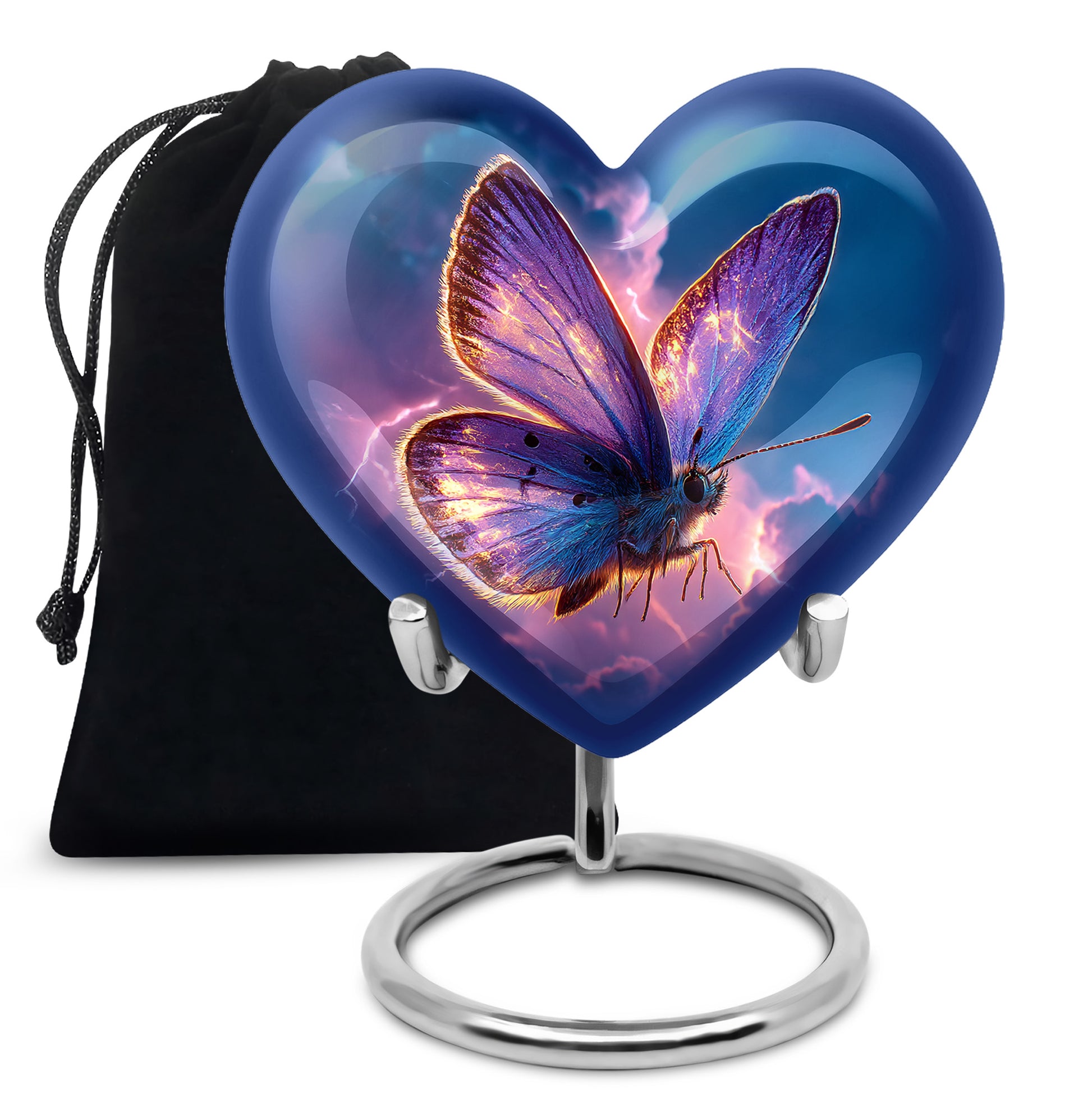 Royal Blue Butterfly Cremation Urn detail view - compassionate heart-butterfly combination with gentle curves - full-size 10 inch 200 cubic inch adult cremation urn