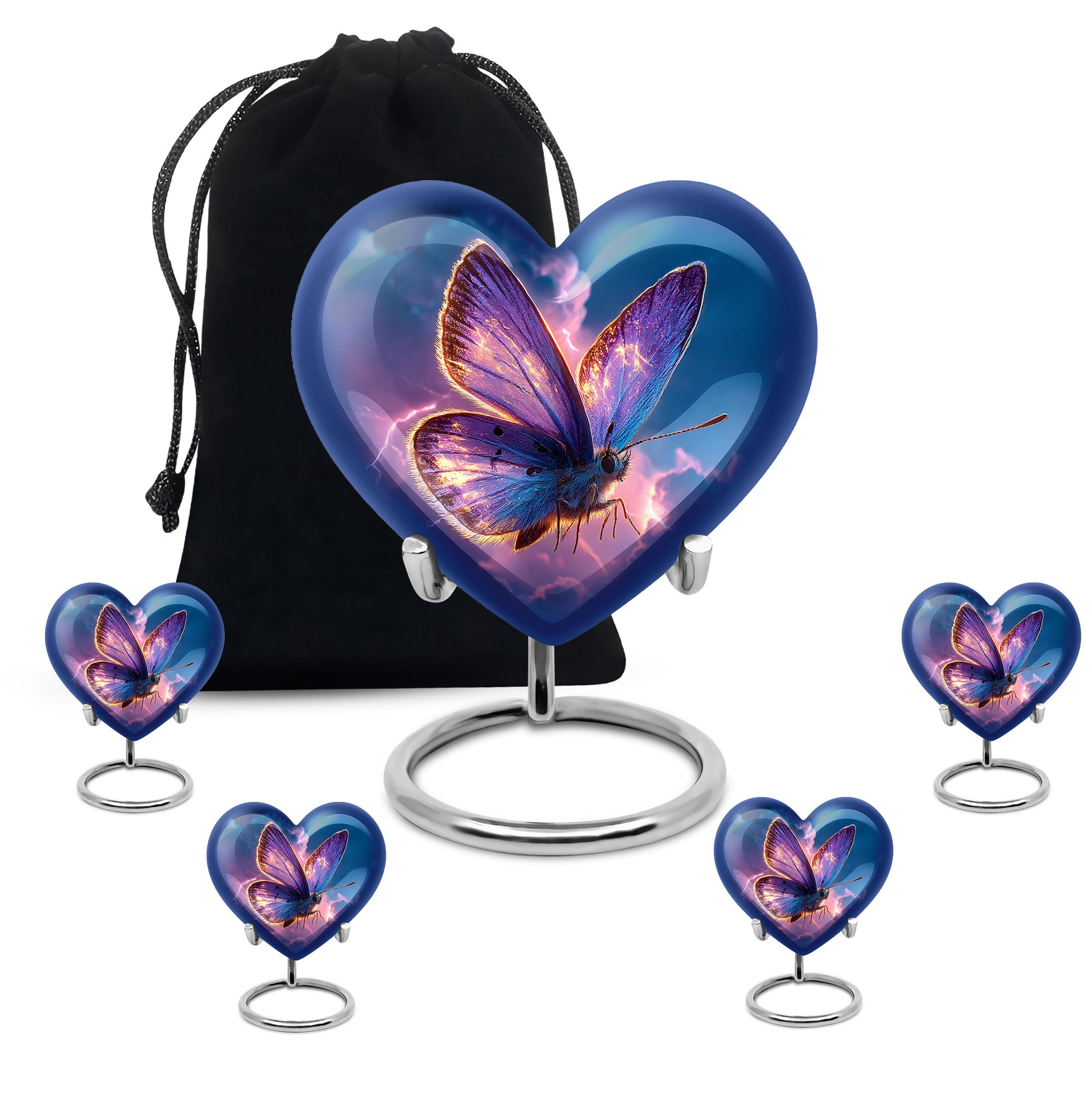 Sapphire Blue Butterfly Cremation Urn close-up of engraving and surface detail - compassionate heart-butterfly combination with gentle curves - memorial set with one large and four small urns