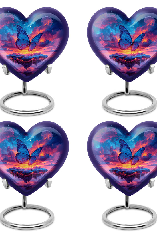 Cobalt Blue Butterfly Cremation Urn angled view of lid and engraved motif - romantic heart urn with butterfly motif on aluminum - 10 inch aluminum urn for cremated remains