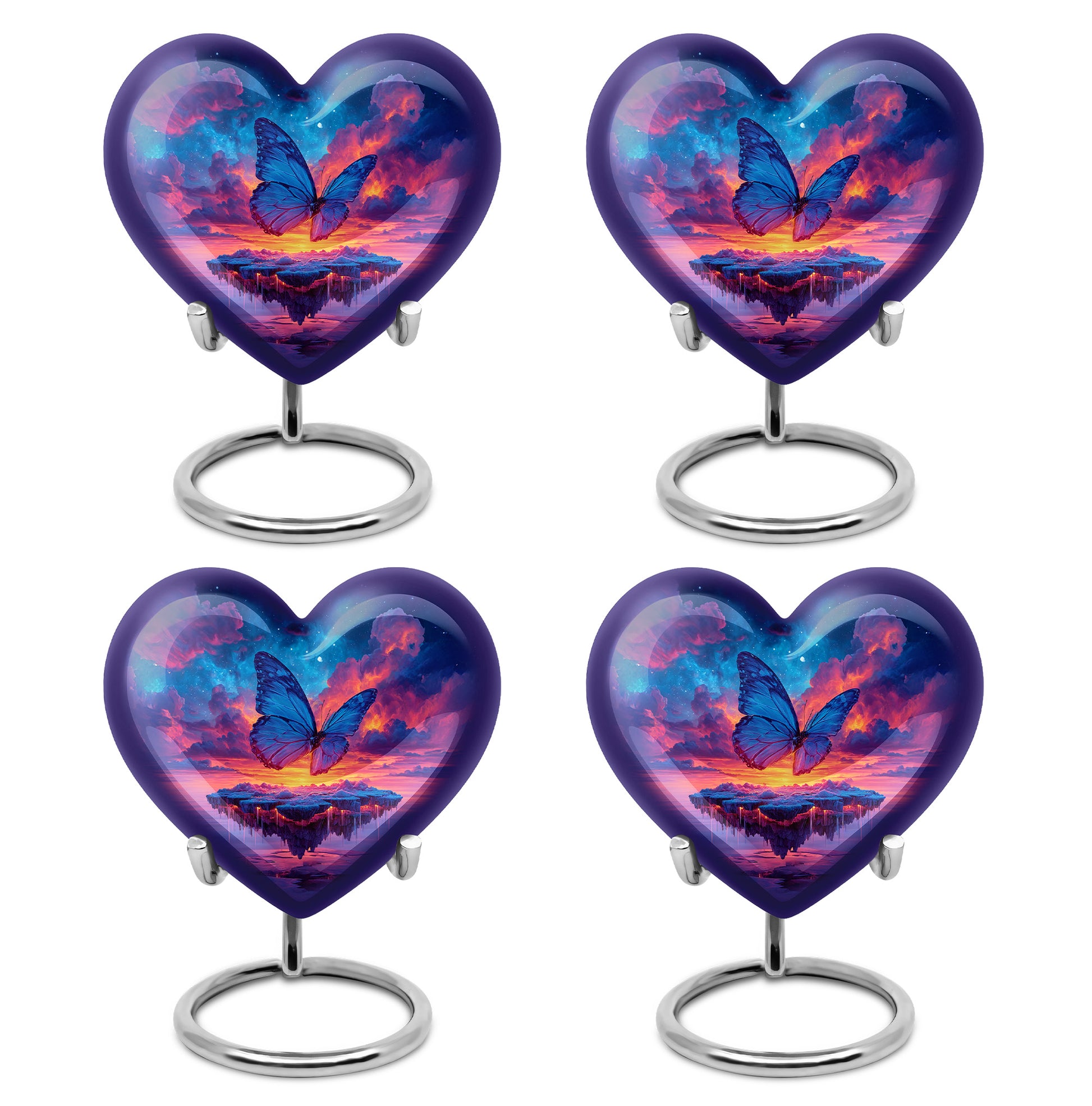 Cobalt Blue Butterfly Cremation Urn angled view of lid and engraved motif - romantic heart urn with butterfly motif on aluminum - 10 inch aluminum urn for cremated remains