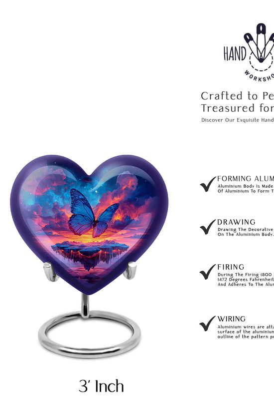 Cornflower Blue Butterfly Cremation Urn front view showing detailed design - compassionate heart-butterfly combination with gentle curves - mini keepsake memorial for portion of cremation ashes
