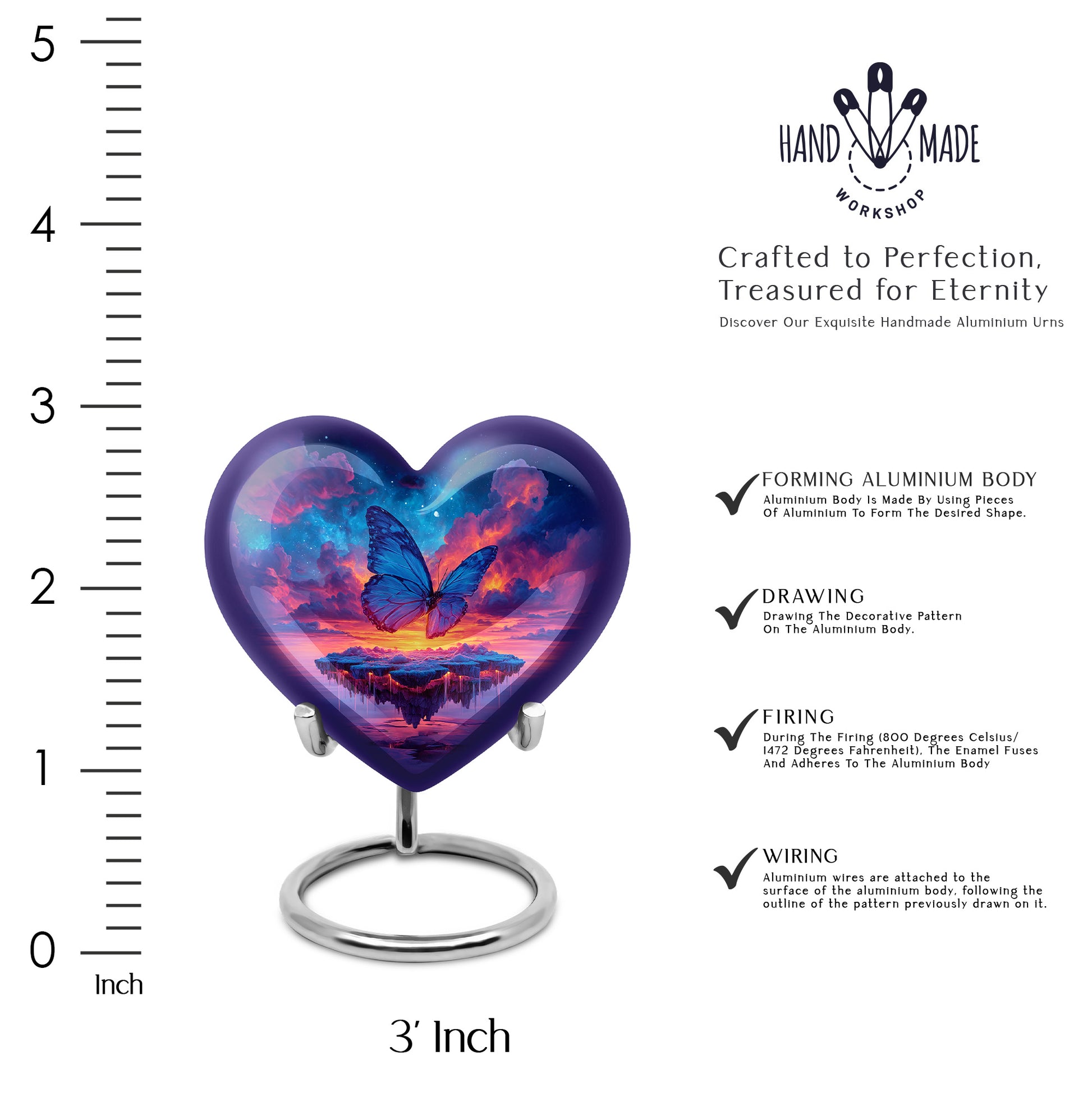 Cornflower Blue Butterfly Cremation Urn front view showing detailed design - compassionate heart-butterfly combination with gentle curves - mini keepsake memorial for portion of cremation ashes