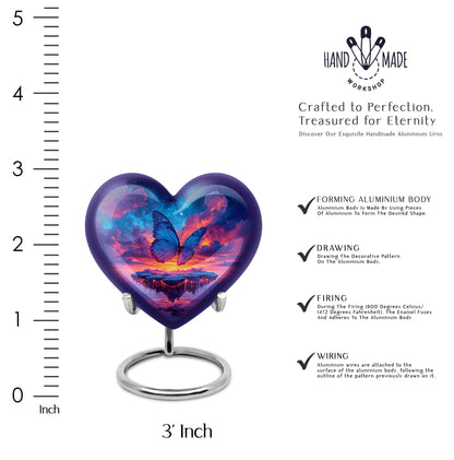 Cornflower Blue Butterfly Cremation Urn front view showing detailed design - compassionate heart-butterfly combination with gentle curves - mini keepsake memorial for portion of cremation ashes