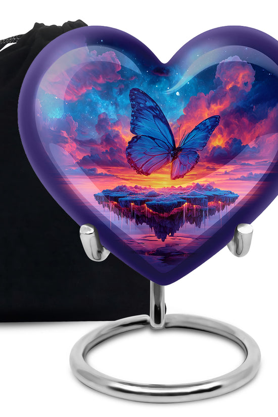 Royal Blue Butterfly Cremation Urn detail view - romantic heart urn with butterfly motif on aluminum - full-size 10 inch 200 cubic inch adult cremation urn