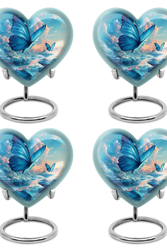 Indigo Butterfly Cremation Urn angled view of lid and engraved motif - loving heart memorial featuring butterfly pattern - 10 inch aluminum urn for cremated remains