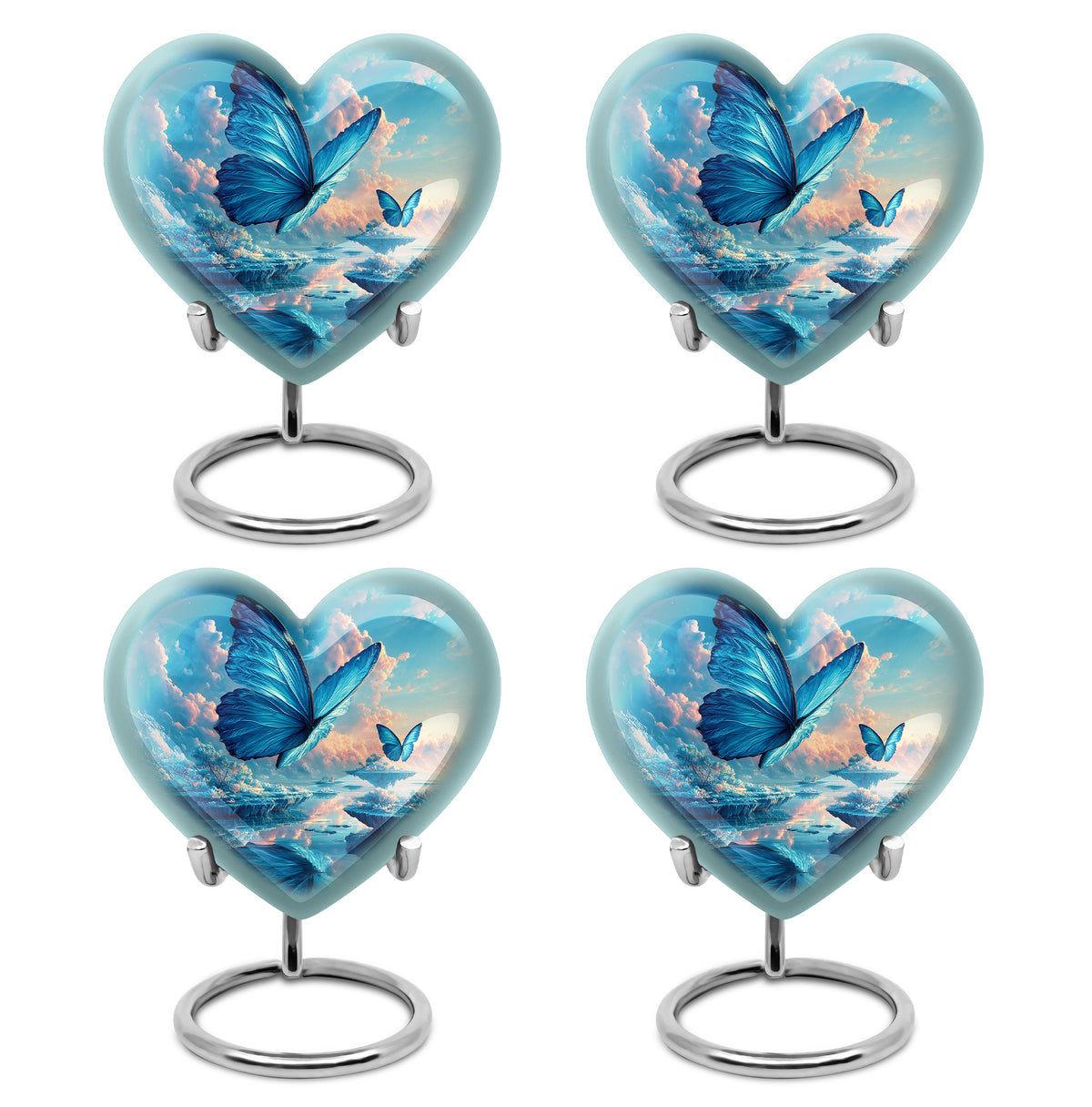 Indigo Butterfly Cremation Urn angled view of lid and engraved motif - loving heart memorial featuring butterfly pattern - 10 inch aluminum urn for cremated remains