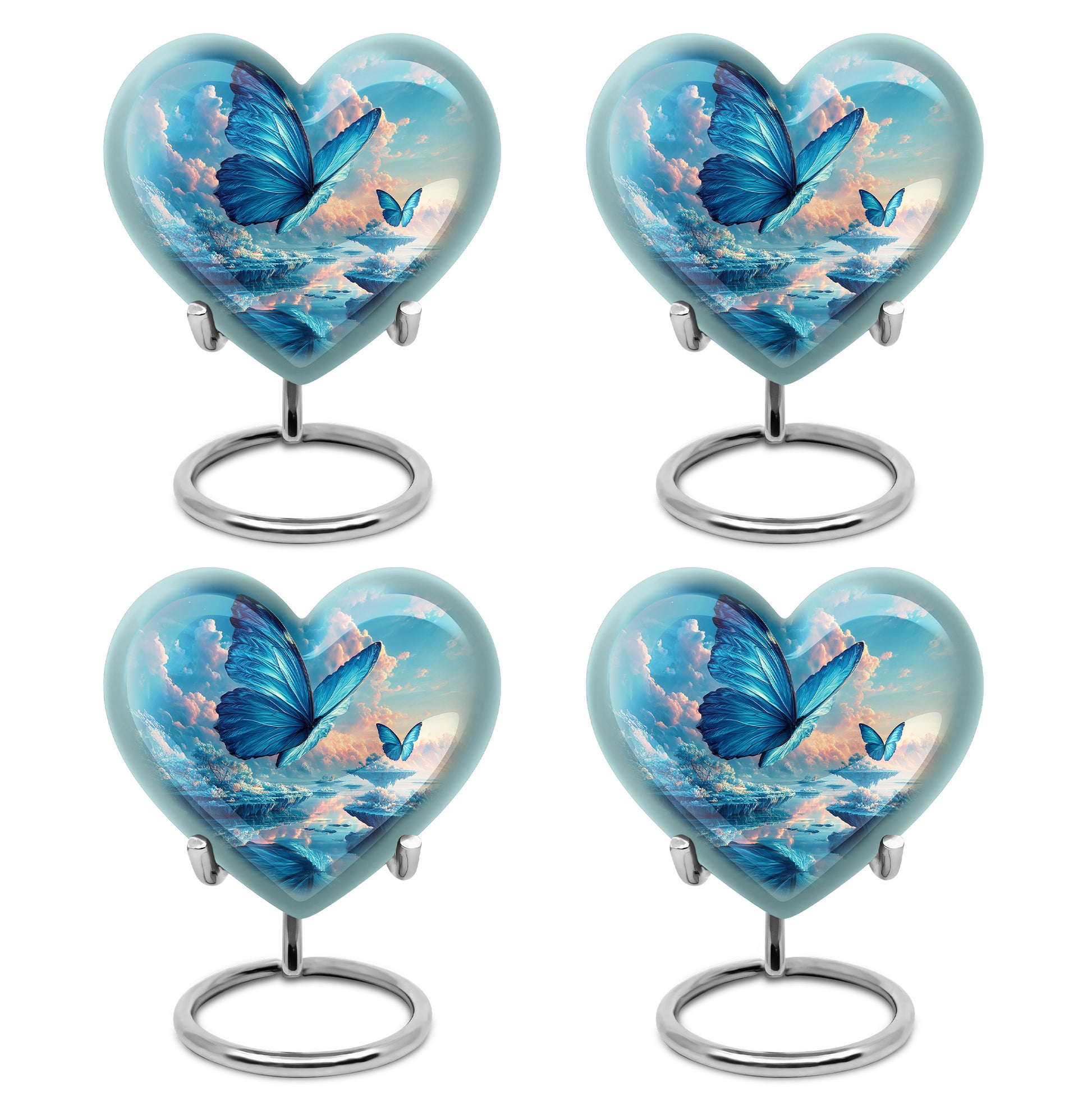 Indigo Butterfly Cremation Urn angled view of lid and engraved motif - loving heart memorial featuring butterfly pattern - 10 inch aluminum urn for cremated remains