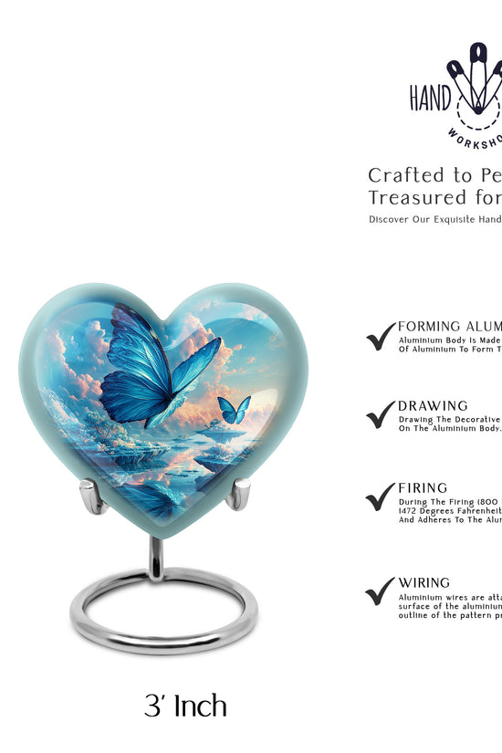 Sky Blue Butterfly Cremation Urn front view showing detailed design - loving heart memorial featuring butterfly pattern - mini keepsake memorial for portion of cremation ashes