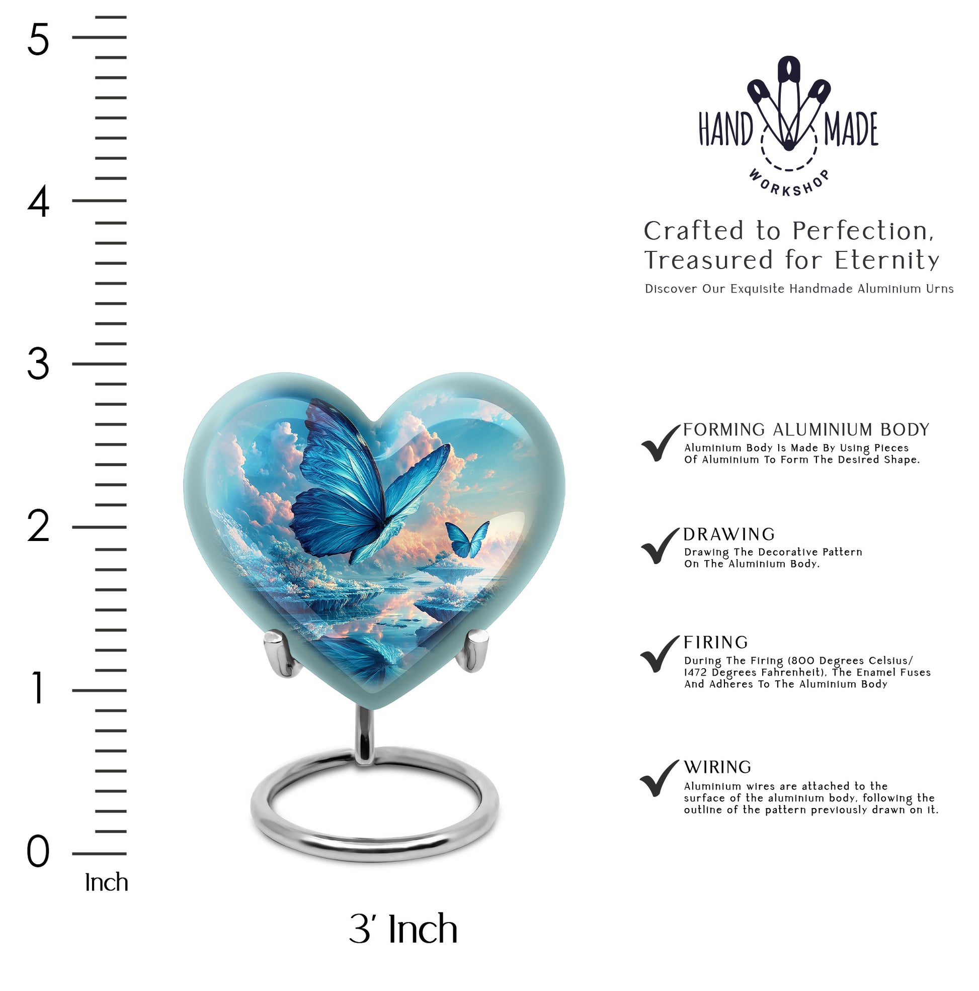 Sky Blue Butterfly Cremation Urn front view showing detailed design - loving heart memorial featuring butterfly pattern - mini keepsake memorial for portion of cremation ashes