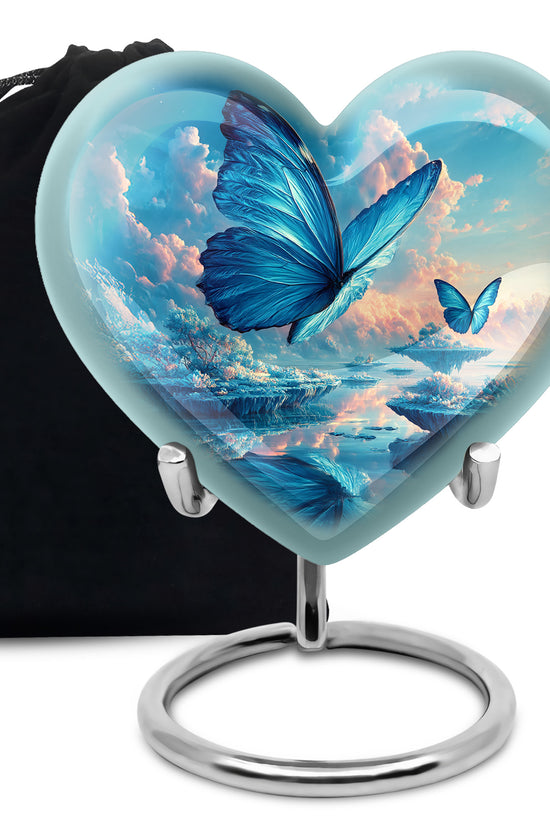 Misty Blue Butterfly Cremation Urn detail view - heart-shaped butterfly design symbolizing eternal love - full-size 10 inch 200 cubic inch adult cremation urn