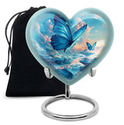 Misty Blue Butterfly Cremation Urn detail view - heart-shaped butterfly design symbolizing eternal love - full-size 10 inch 200 cubic inch adult cremation urn