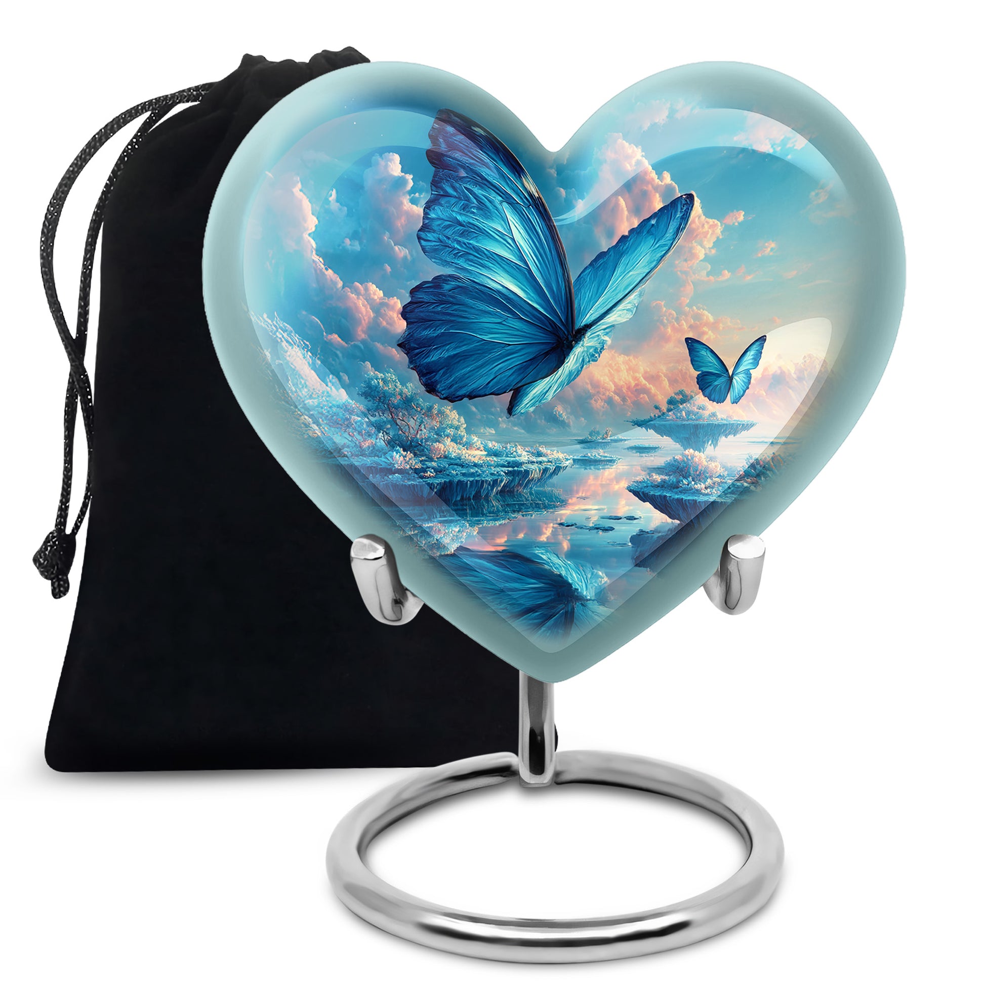 Misty Blue Butterfly Cremation Urn detail view - heart-shaped butterfly design symbolizing eternal love - full-size 10 inch 200 cubic inch adult cremation urn