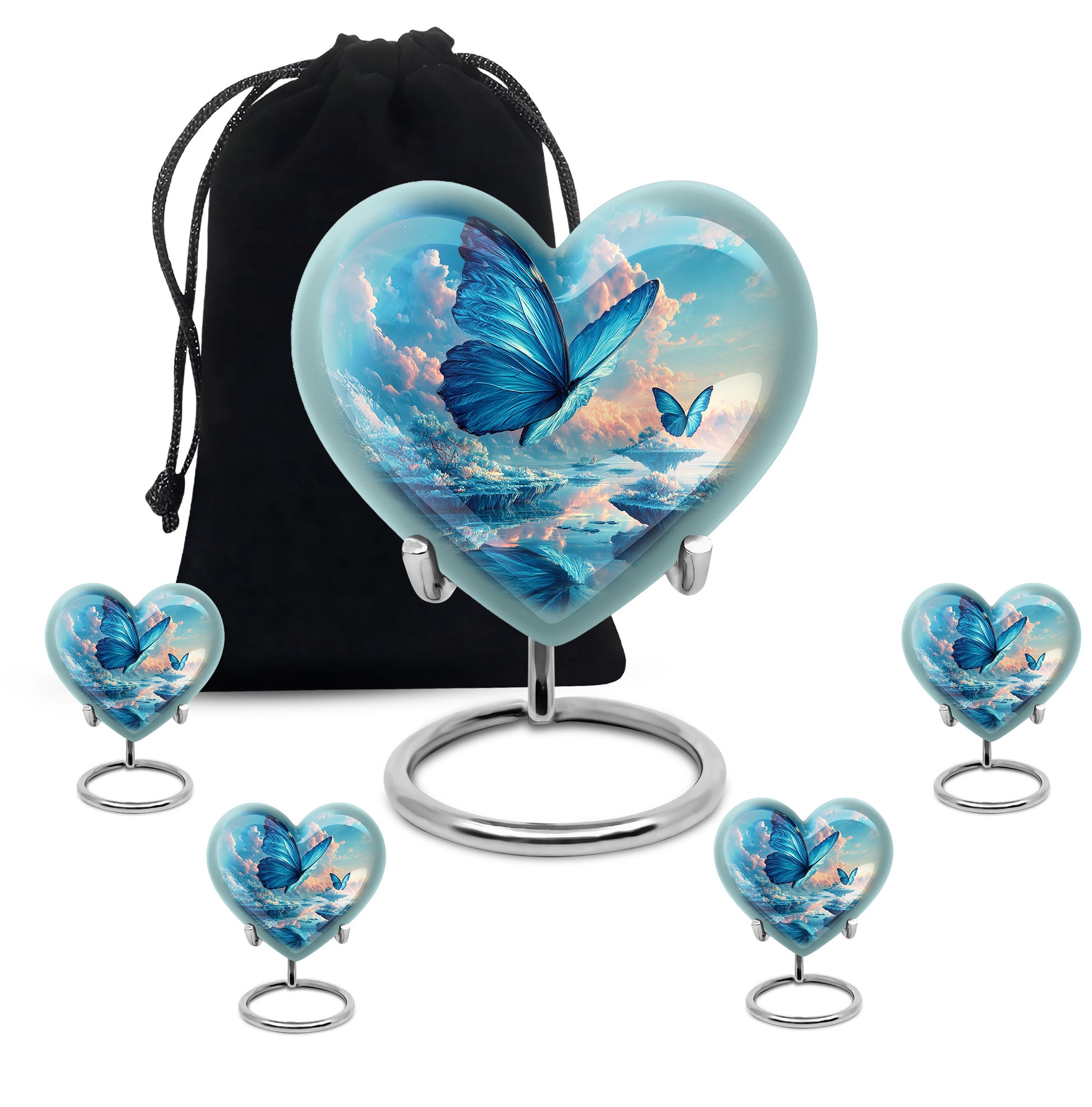 Soft Blue Butterfly Cremation Urn close-up of engraving and surface detail - compassionate heart-butterfly combination with gentle curves - memorial set with one large and four small urns