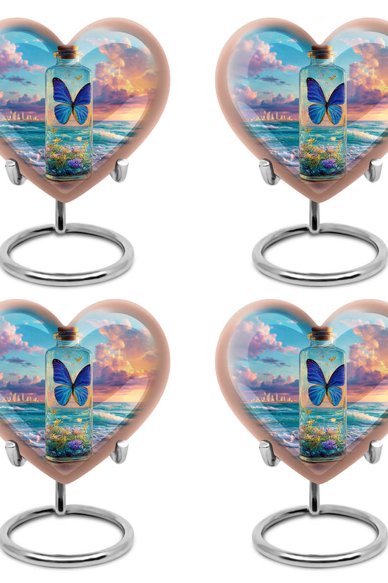Azure Butterfly Cremation Urn angled view of lid and engraved motif - heart-shaped butterfly design symbolizing eternal love - 10 inch aluminum urn for cremated remains