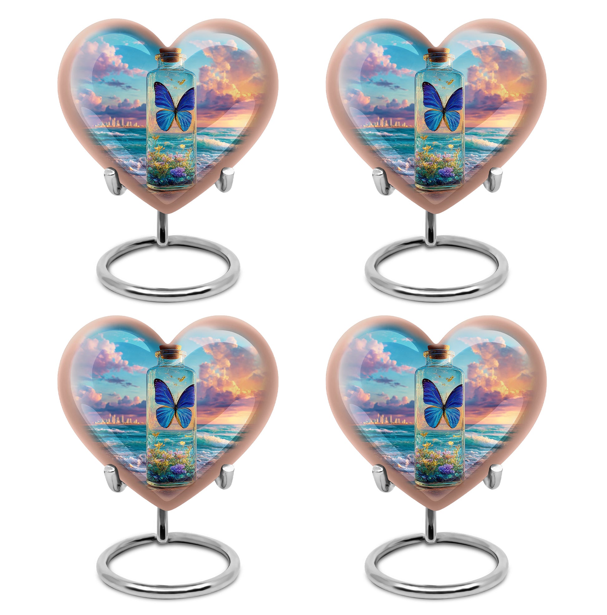 Azure Butterfly Cremation Urn angled view of lid and engraved motif - heart-shaped butterfly design symbolizing eternal love - 10 inch aluminum urn for cremated remains