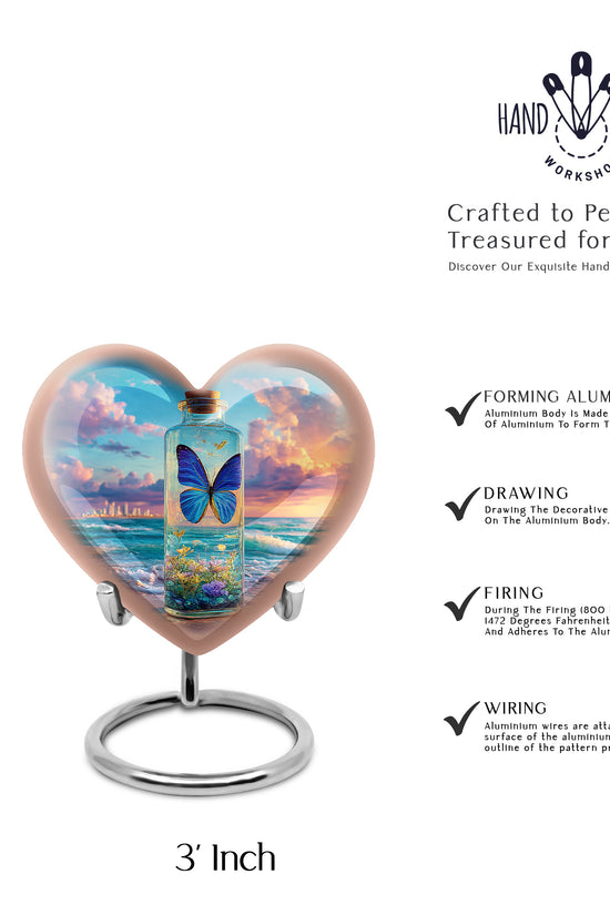 Twilight Blue Butterfly Cremation Urn front view showing detailed design - romantic heart urn with butterfly motif on aluminum - mini keepsake memorial for portion of cremation ashes