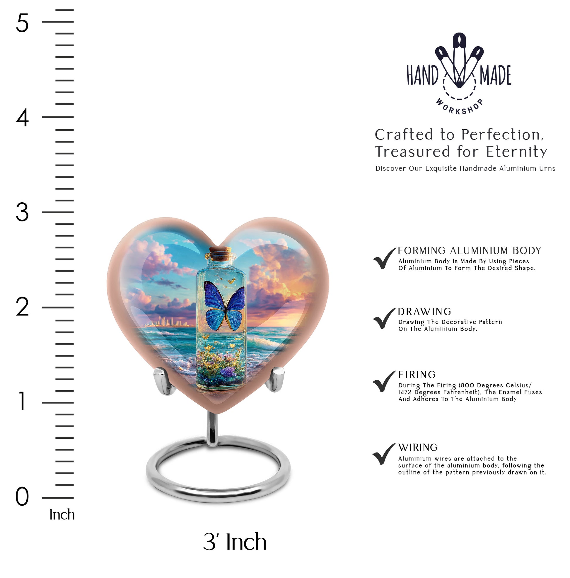 Twilight Blue Butterfly Cremation Urn front view showing detailed design - romantic heart urn with butterfly motif on aluminum - mini keepsake memorial for portion of cremation ashes