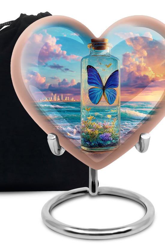 Serene Blue Butterfly Cremation Urn detail view - compassionate heart-butterfly combination with gentle curves - full-size 10 inch 200 cubic inch adult cremation urn