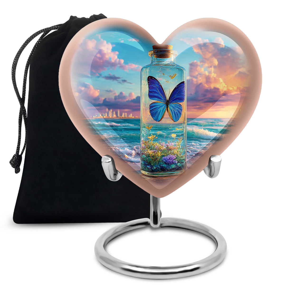 Serene Blue Butterfly Cremation Urn detail view - compassionate heart-butterfly combination with gentle curves - full-size 10 inch 200 cubic inch adult cremation urn