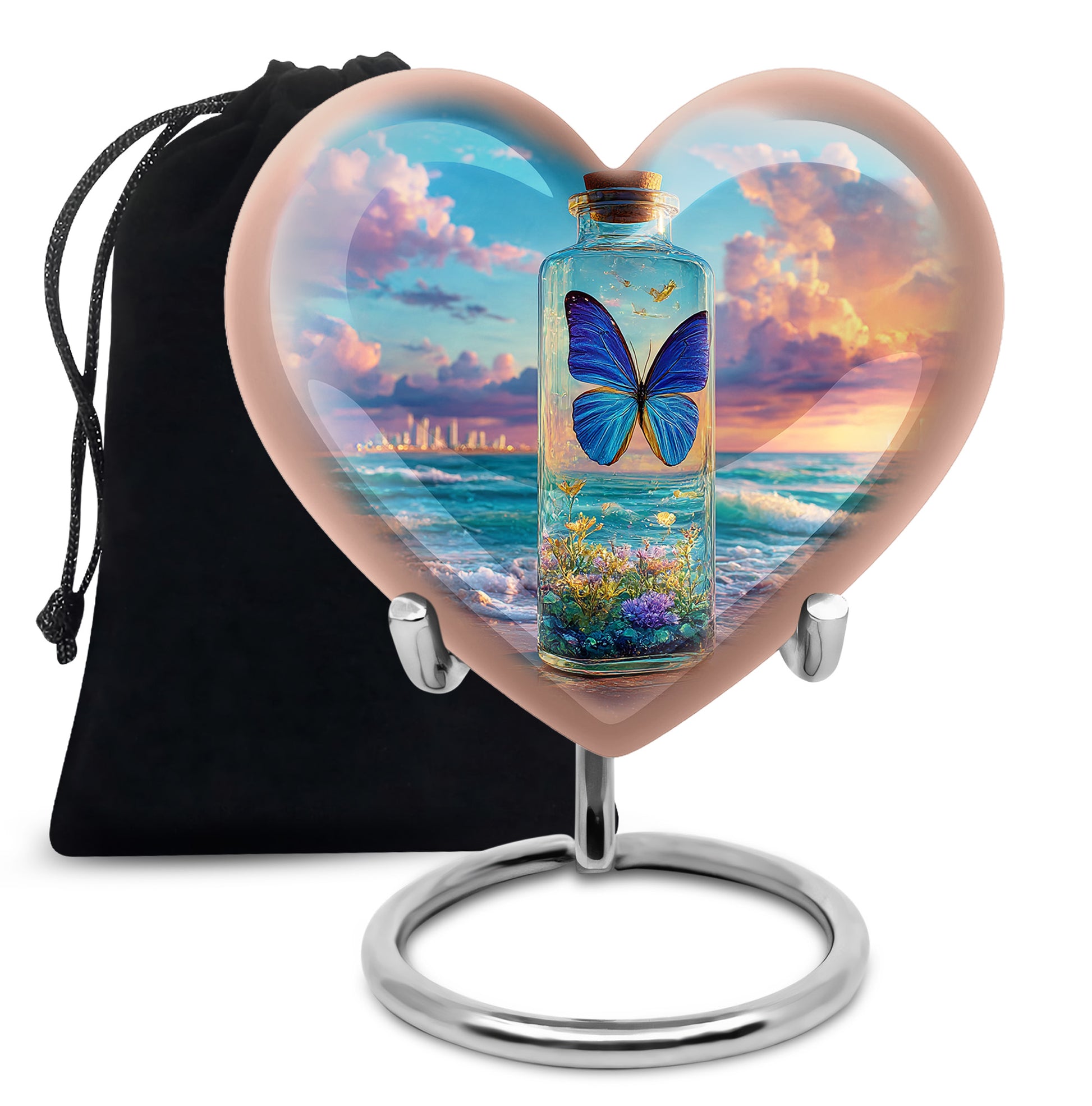 Serene Blue Butterfly Cremation Urn detail view - compassionate heart-butterfly combination with gentle curves - full-size 10 inch 200 cubic inch adult cremation urn