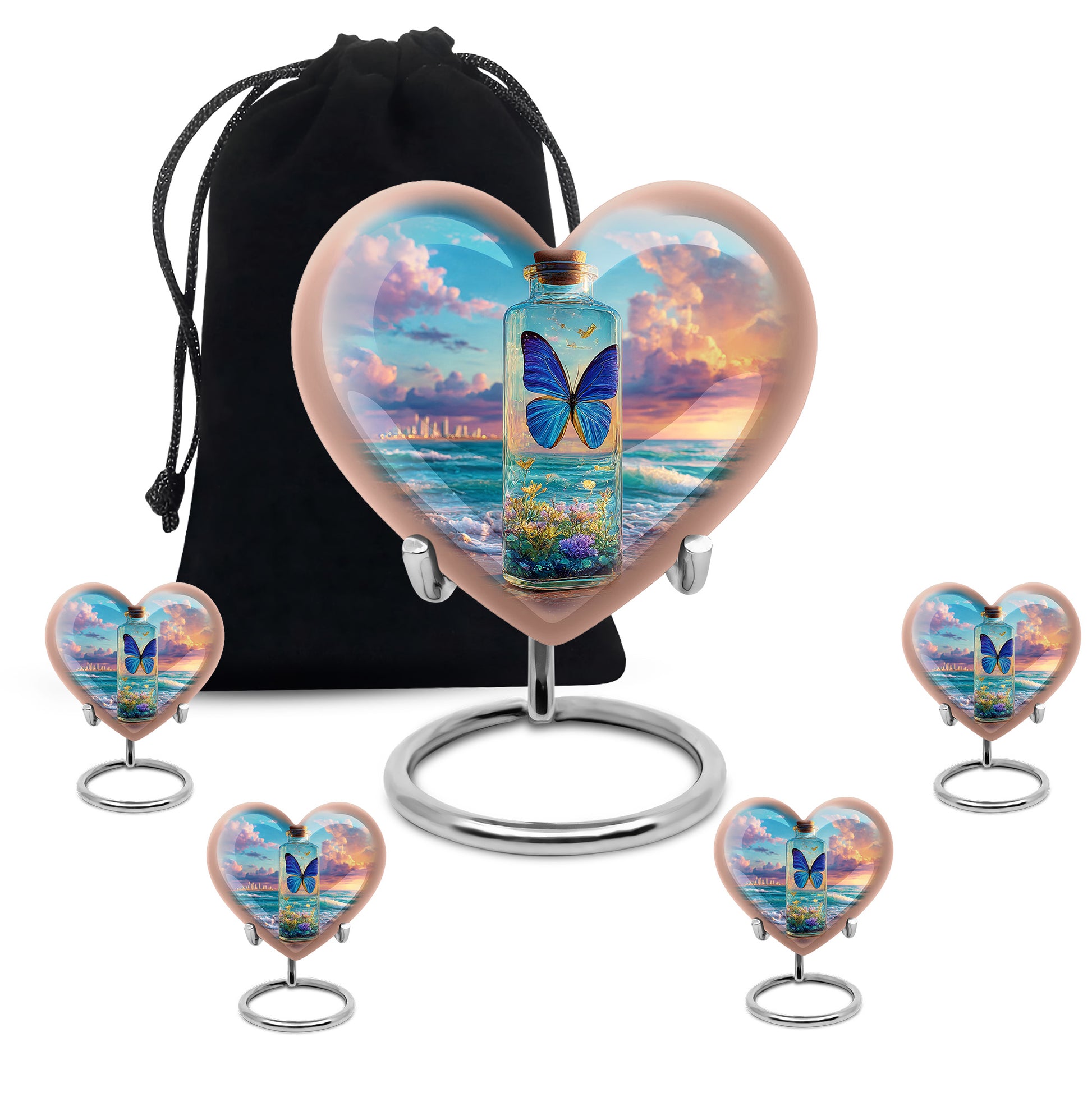 Sapphire Blue Butterfly Cremation Urn close-up of engraving and surface detail - compassionate heart-butterfly combination with gentle curves - memorial set with one large and four small urns