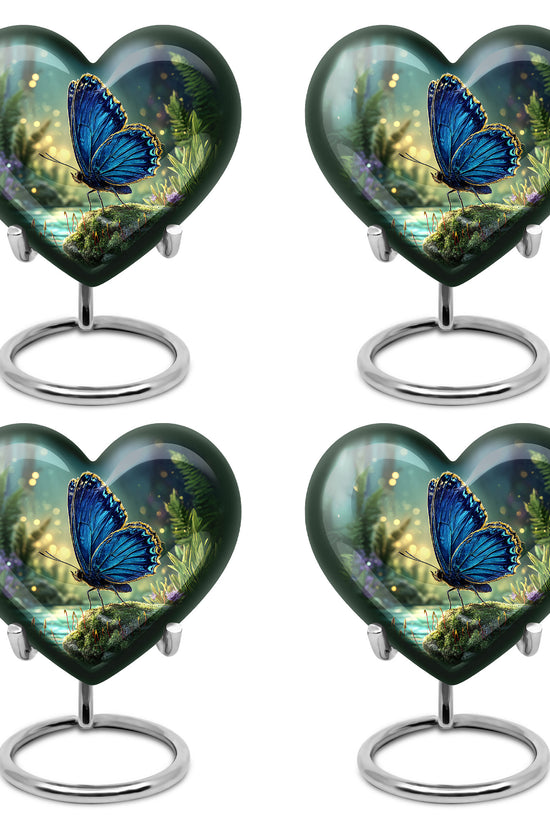 Azure Butterfly Cremation Urn angled view of lid and engraved motif - heart-shaped butterfly design symbolizing eternal love - 10 inch aluminum urn for cremated remains