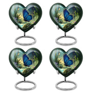 Azure Butterfly Cremation Urn angled view of lid and engraved motif - heart-shaped butterfly design symbolizing eternal love - 10 inch aluminum urn for cremated remains