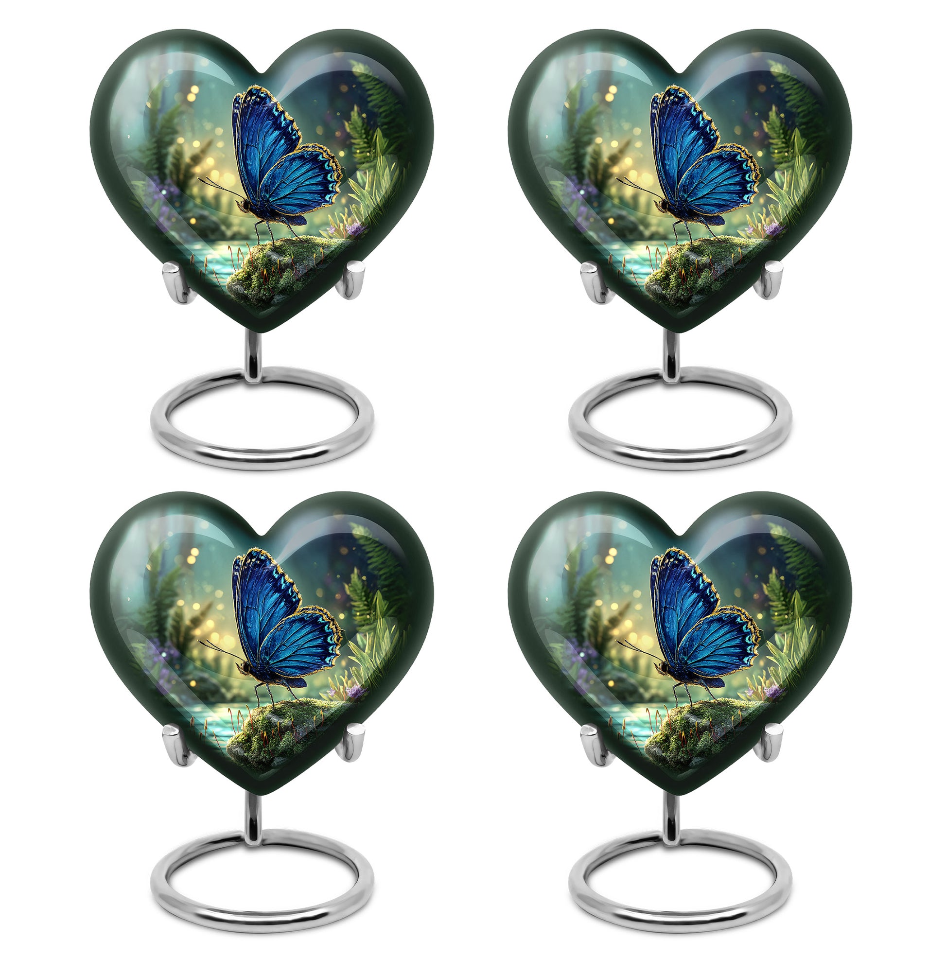 Azure Butterfly Cremation Urn angled view of lid and engraved motif - heart-shaped butterfly design symbolizing eternal love - 10 inch aluminum urn for cremated remains