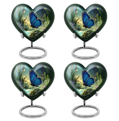 Azure Butterfly Cremation Urn angled view of lid and engraved motif - heart-shaped butterfly design symbolizing eternal love - 10 inch aluminum urn for cremated remains