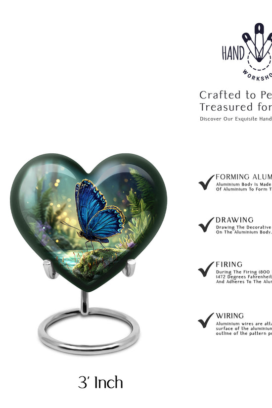 Bright Blue Butterfly Cremation Urn front view showing detailed design - compassionate heart-butterfly combination with gentle curves - mini keepsake memorial for portion of cremation ashes