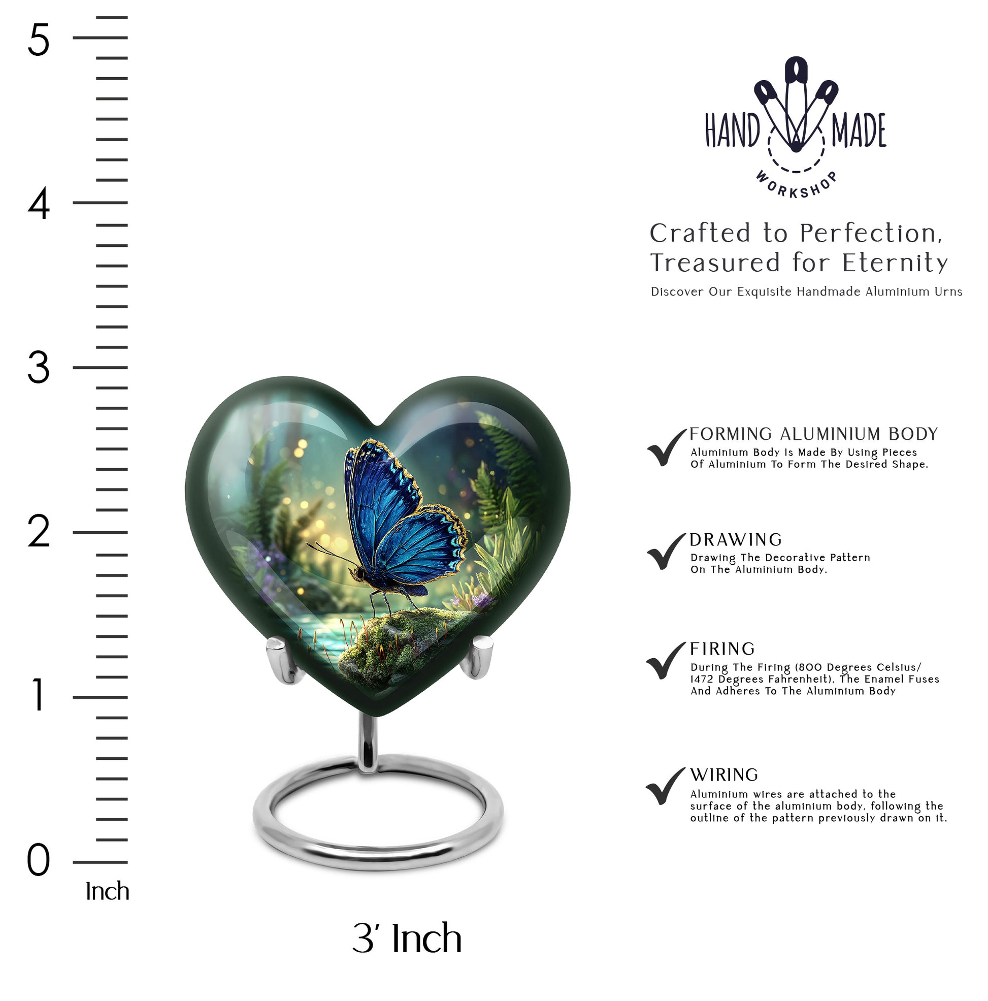 Bright Blue Butterfly Cremation Urn front view showing detailed design - compassionate heart-butterfly combination with gentle curves - mini keepsake memorial for portion of cremation ashes