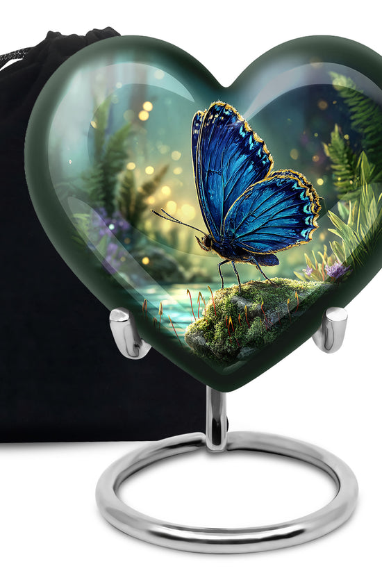 Icy Blue Butterfly Cremation Urn detail view - loving heart memorial featuring butterfly pattern - full-size 10 inch 200 cubic inch adult cremation urn