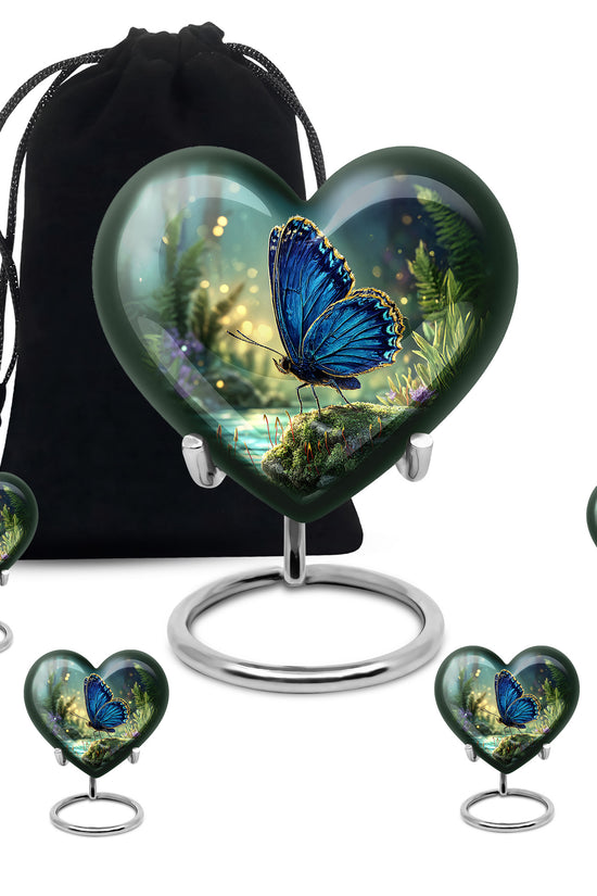 Misty Blue Butterfly Cremation Urn close-up of engraving and surface detail - loving heart memorial featuring butterfly pattern - memorial set with one large and four small urns