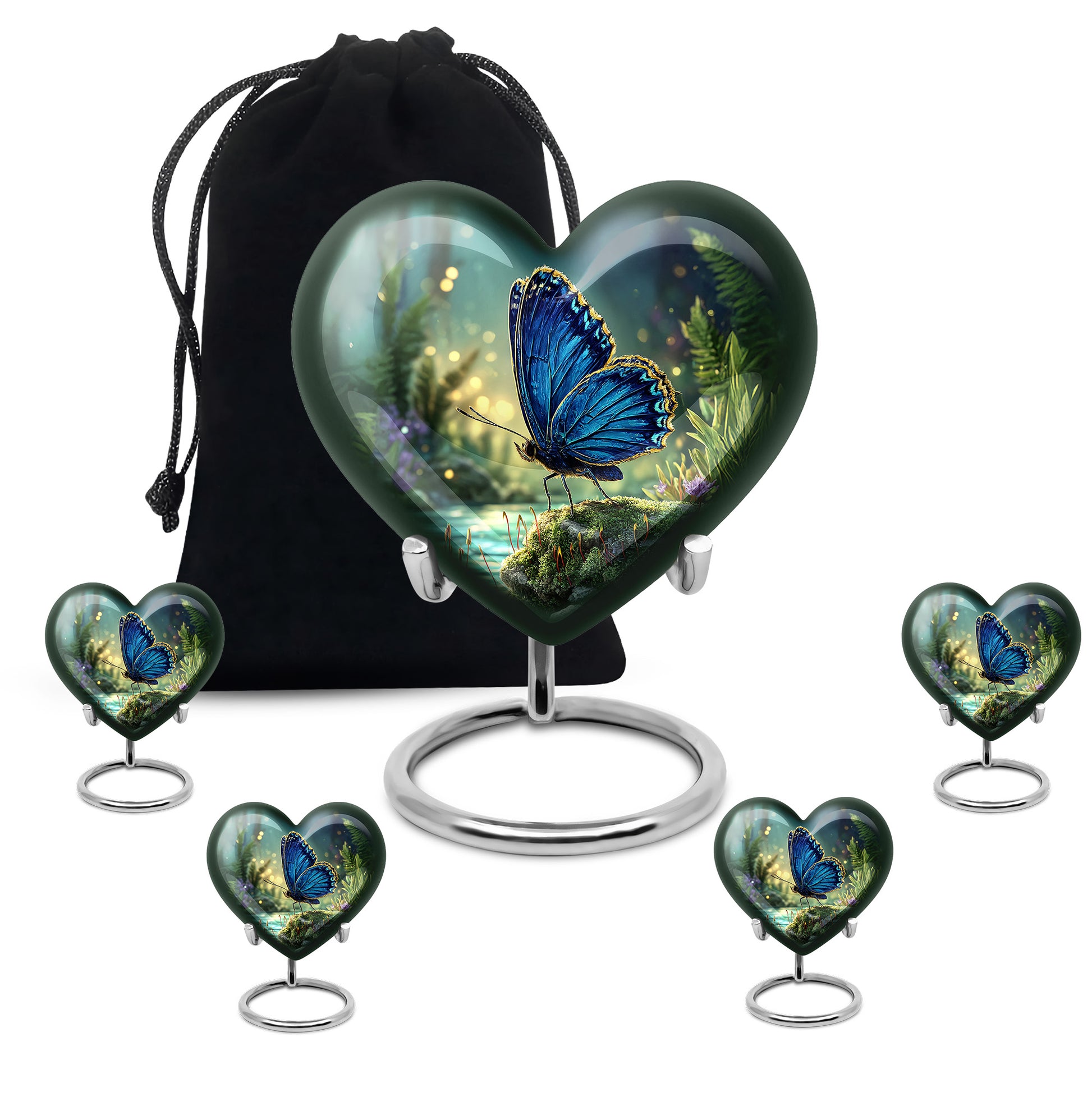 Misty Blue Butterfly Cremation Urn close-up of engraving and surface detail - loving heart memorial featuring butterfly pattern - memorial set with one large and four small urns