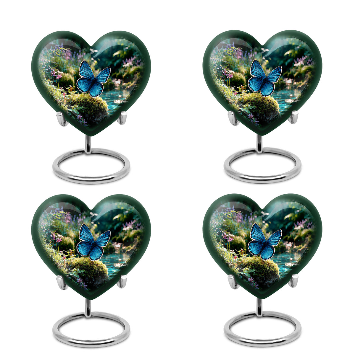Sage Green Butterfly Cremation Urn angled view of lid and engraved motif - loving heart memorial featuring butterfly pattern - 10 inch aluminum urn for cremated remains
