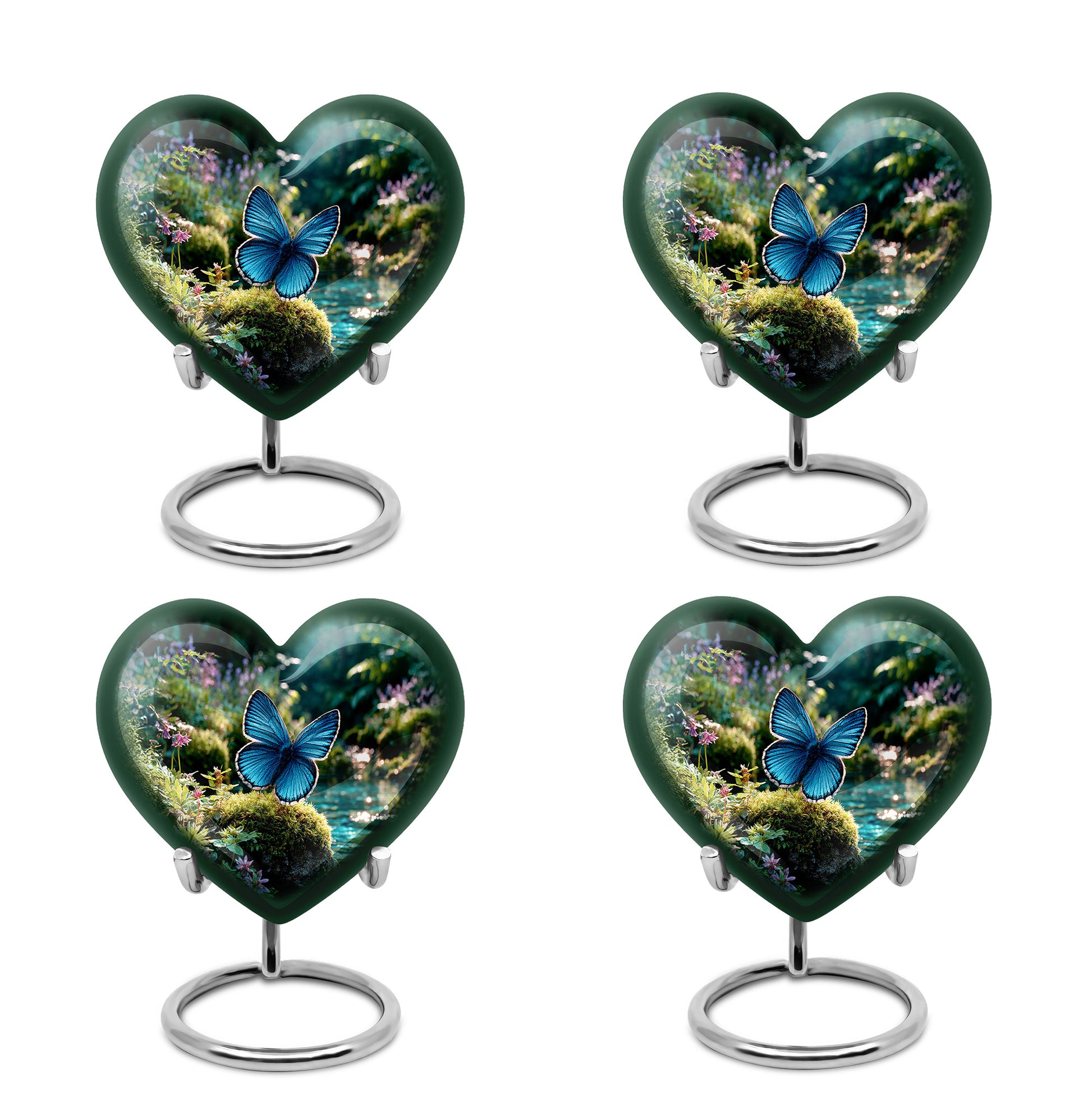 Sage Green Butterfly Cremation Urn angled view of lid and engraved motif - loving heart memorial featuring butterfly pattern - 10 inch aluminum urn for cremated remains