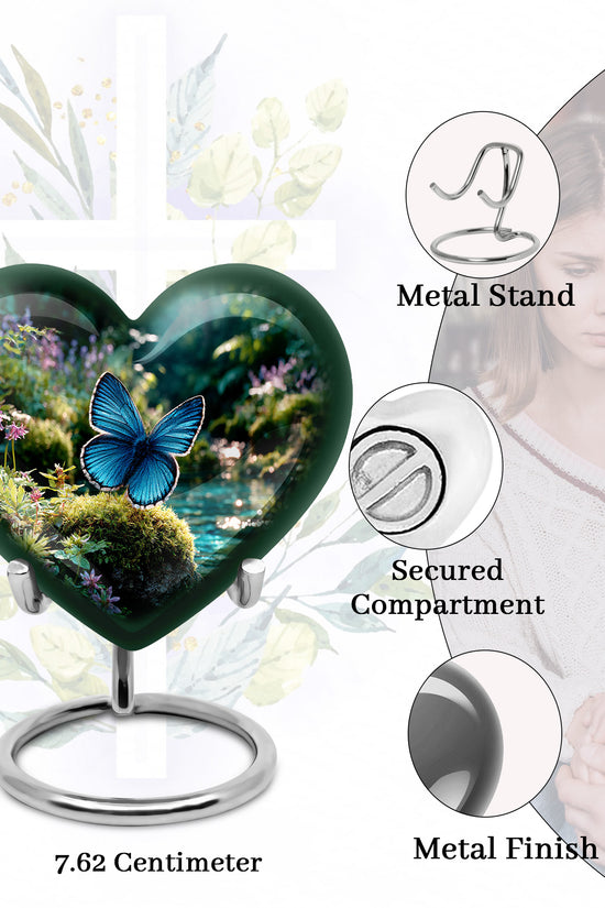 Forest Green Butterfly Cremation Urn front view showing detailed design - compassionate heart-butterfly combination with gentle curves - mini keepsake memorial for portion of cremation ashes