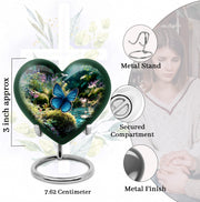 Forest Green Butterfly Cremation Urn front view showing detailed design - compassionate heart-butterfly combination with gentle curves - mini keepsake memorial for portion of cremation ashes