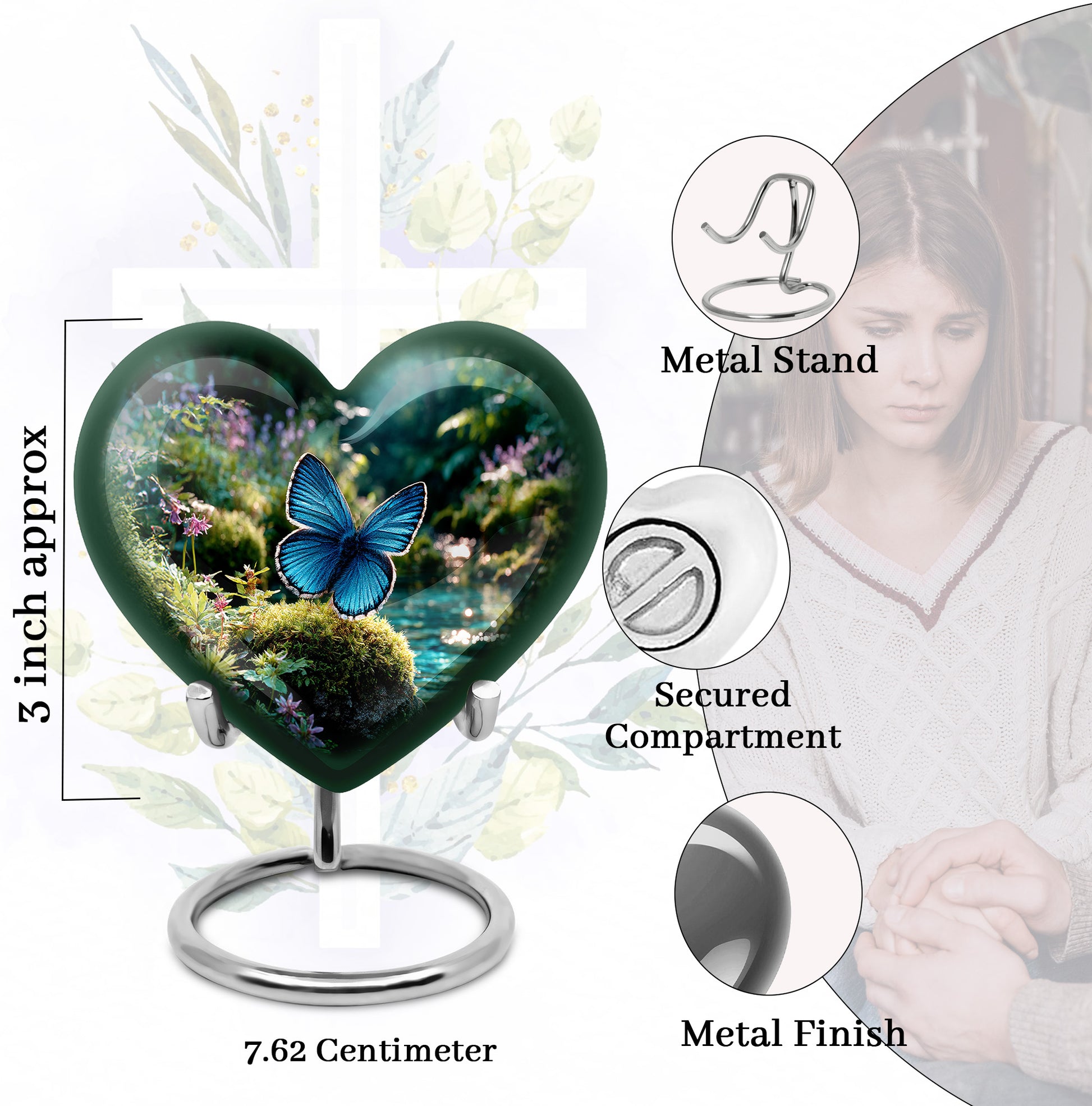 Forest Green Butterfly Cremation Urn front view showing detailed design - compassionate heart-butterfly combination with gentle curves - mini keepsake memorial for portion of cremation ashes