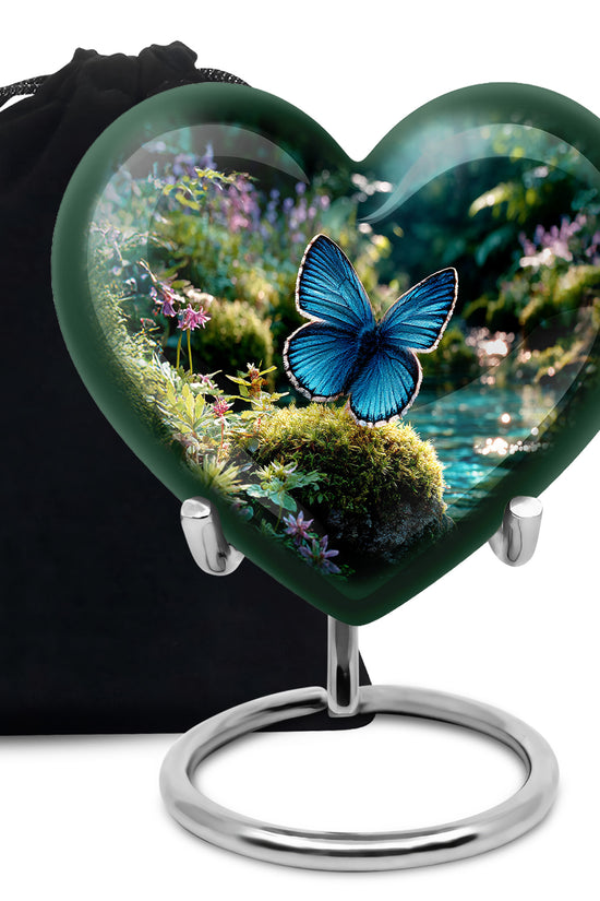 Moss Green Butterfly Cremation Urn detail view - heart-shaped butterfly design symbolizing eternal love - full-size 10 inch 200 cubic inch adult cremation urn