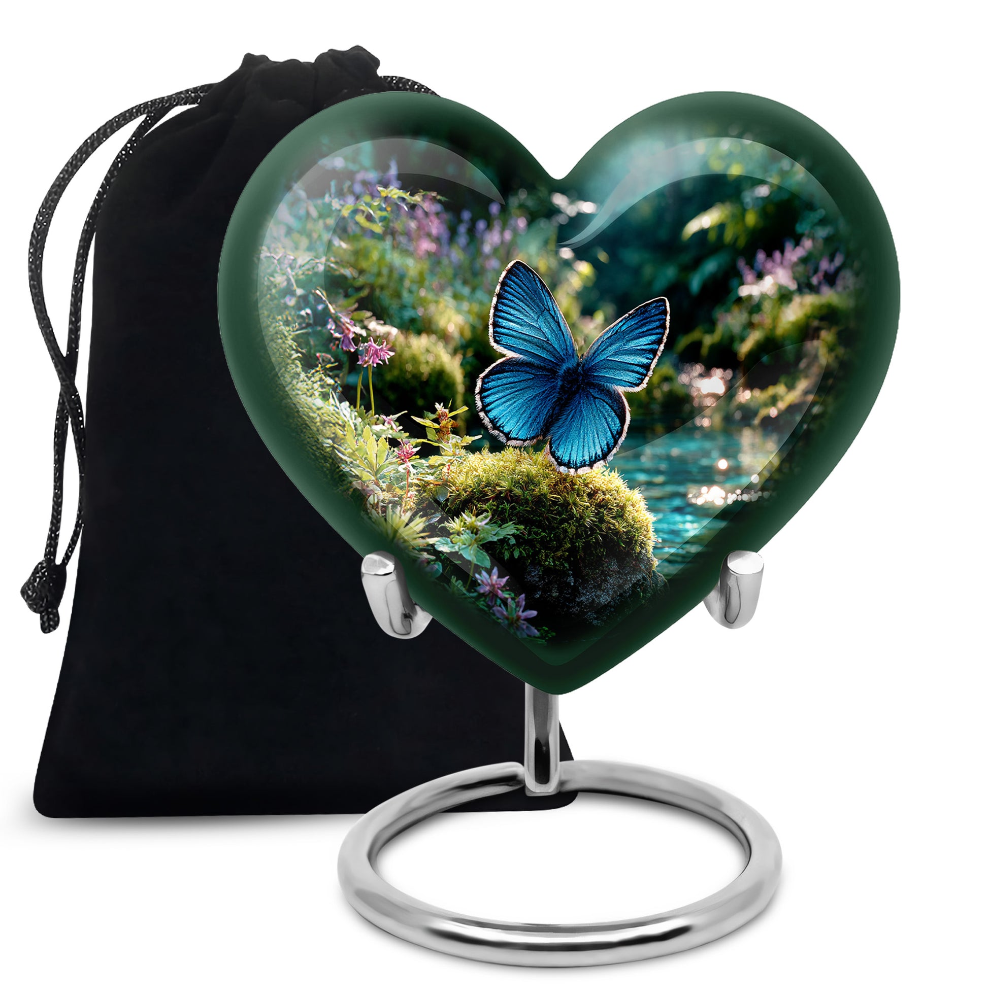 Moss Green Butterfly Cremation Urn detail view - heart-shaped butterfly design symbolizing eternal love - full-size 10 inch 200 cubic inch adult cremation urn
