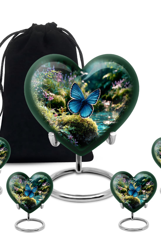 Mint Green Butterfly Cremation Urn close-up of engraving and surface detail - compassionate heart-butterfly combination with gentle curves - memorial set with one large and four small urns