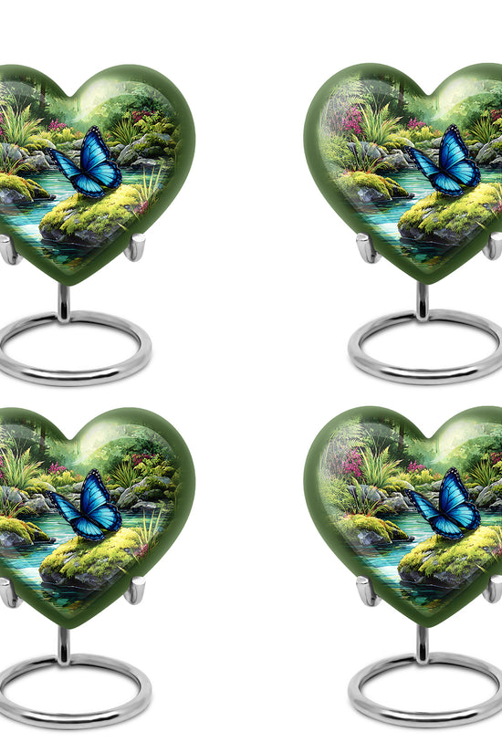 Sage Green Butterfly Cremation Urn angled view of lid and engraved motif - heart-shaped butterfly design symbolizing eternal love - 10 inch aluminum urn for cremated remains