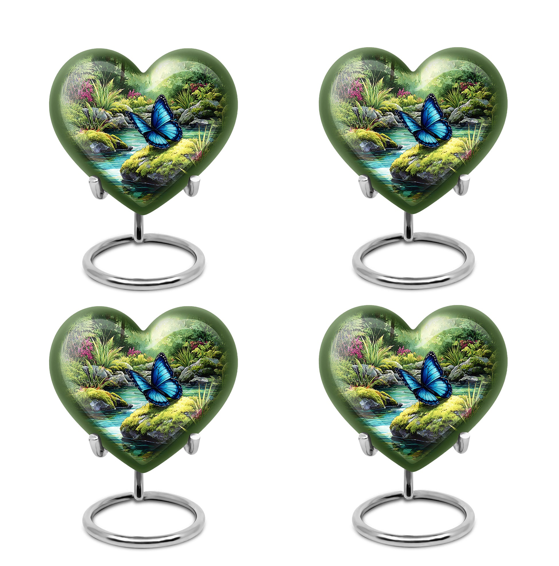 Sage Green Butterfly Cremation Urn angled view of lid and engraved motif - heart-shaped butterfly design symbolizing eternal love - 10 inch aluminum urn for cremated remains