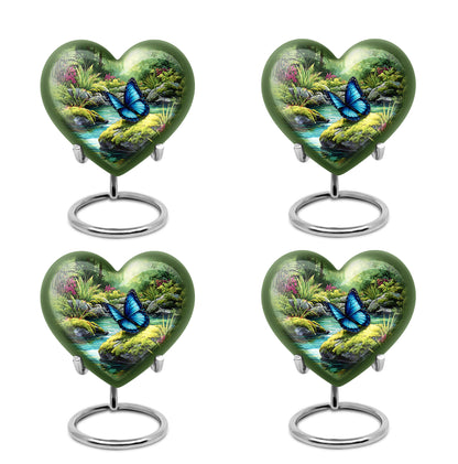 Sage Green Butterfly Cremation Urn angled view of lid and engraved motif - heart-shaped butterfly design symbolizing eternal love - 10 inch aluminum urn for cremated remains