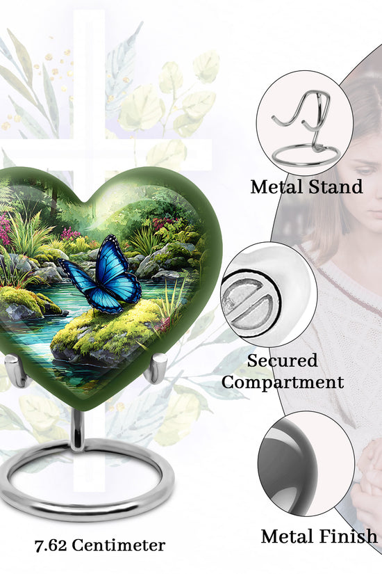 Sage Green Butterfly Cremation Urn front view showing detailed design - heart-shaped butterfly design symbolizing eternal love - mini keepsake memorial for portion of cremation ashes