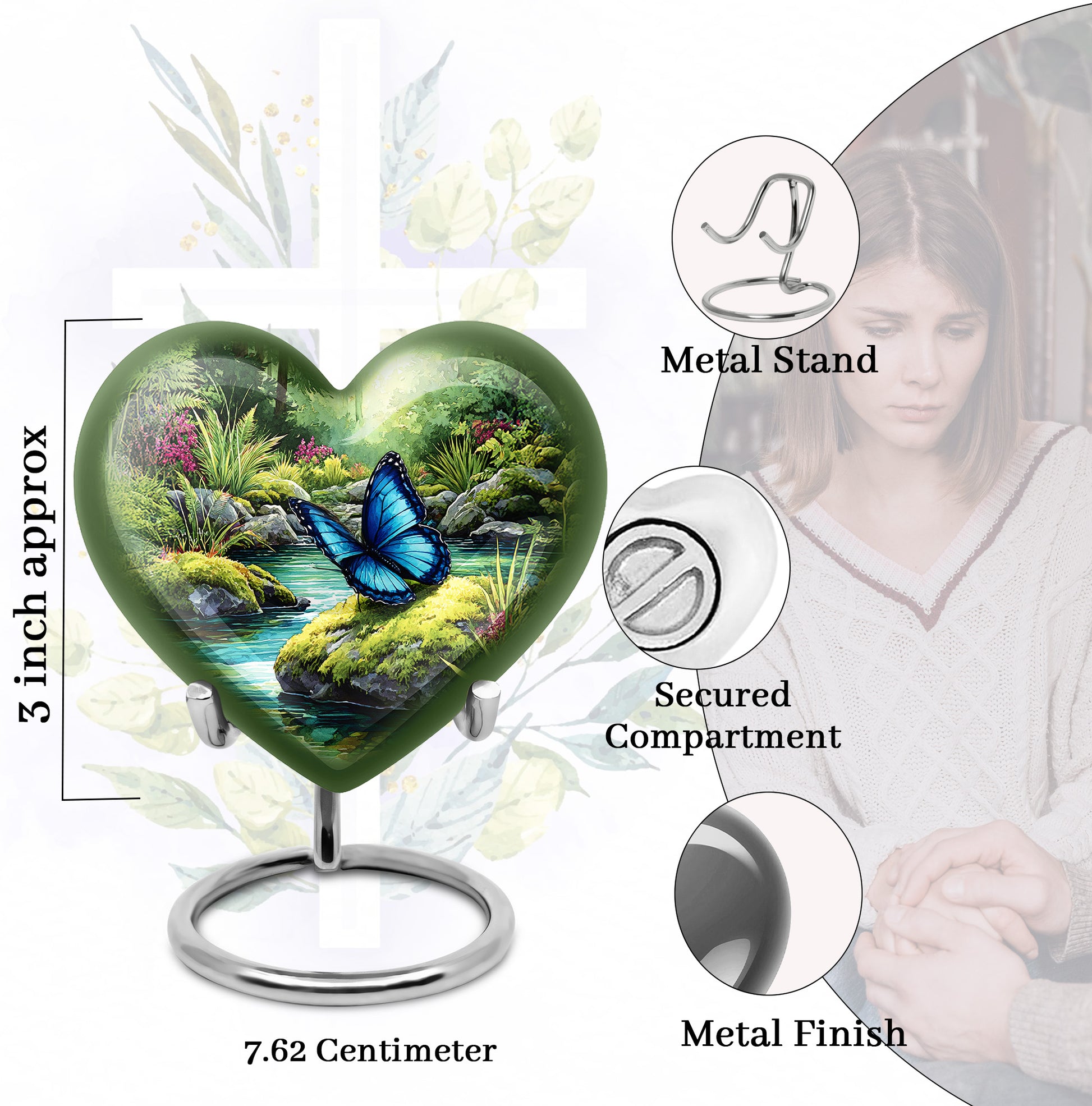 Sage Green Butterfly Cremation Urn front view showing detailed design - heart-shaped butterfly design symbolizing eternal love - mini keepsake memorial for portion of cremation ashes