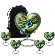 Emerald Green Butterfly Cremation Urn close-up of engraving and surface detail - heart-shaped butterfly design symbolizing eternal love - memorial set with one large and four small urns