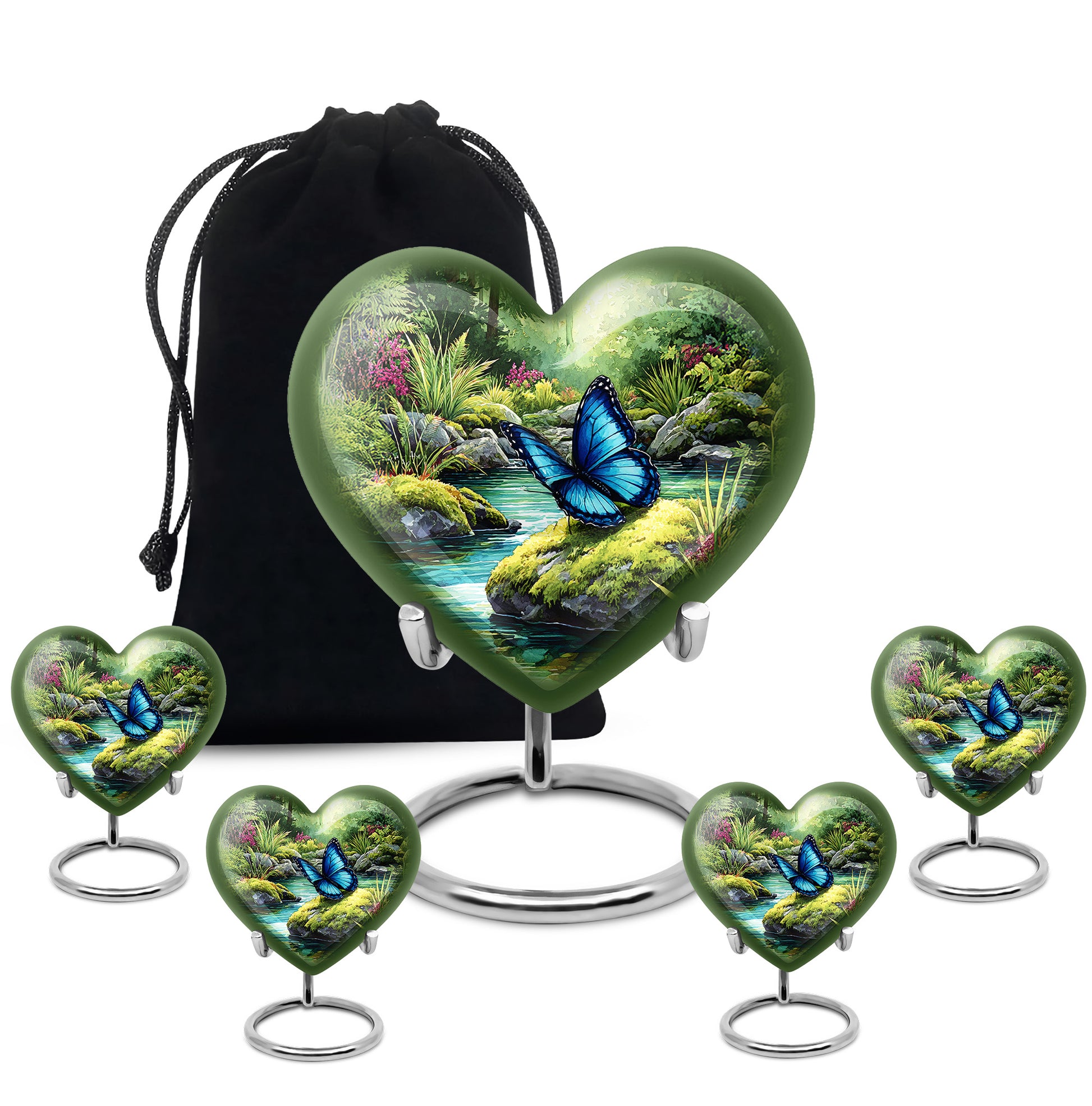 Emerald Green Butterfly Cremation Urn close-up of engraving and surface detail - heart-shaped butterfly design symbolizing eternal love - memorial set with one large and four small urns